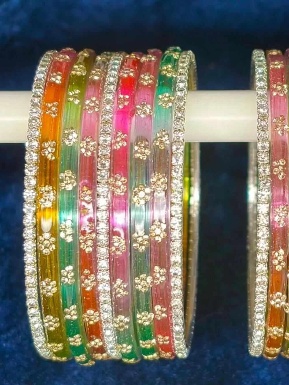 Sparkling Floral Rhinestone Bangle Pair, Multi-Color Stackable Party Wear Bracel